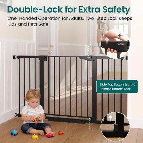 Cumbor 30-54 Extra Wide Baby Gate for Stairs, Dual Lock & Self-Closing Dog Gate Indoor, Easy Install Pet Gate for Doorways, Hallways & Kitchen, Easy Walk Thru Safety Proofing for Babies & Pets, Black