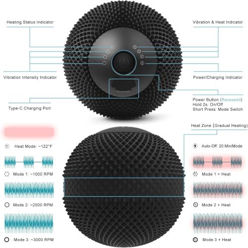 Vibrating Massage Ball with Heat, 7 Modes, Memory Function, Myofascial Release, Deep Tissue Muscle Recovery Ball for Trigger Point Massage - Mobility Ball Back & Hip Release Tool (Black)