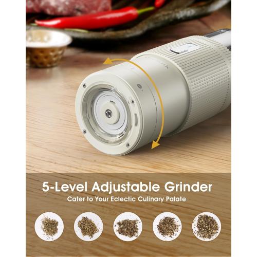 Upgraded Larger Capacity Electric Salt and Pepper Grinder Set, Rechargeable Salt and Pepper Grinder Set with Charge Base, Adjustable Coarseness, Efficient Kitchen Gadgets, Beige