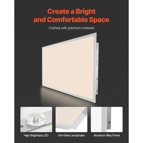 VEVOR 2 x 4 FT LED Panel Light, 50W, 6000LM LED Flat Ceiling Lighting Fixture, Surface/Recessed/Drop Mount with Adjustable Brightness Adjustable Color Temperature, 1.4-Inch Ultra-Thin, for Home Office
