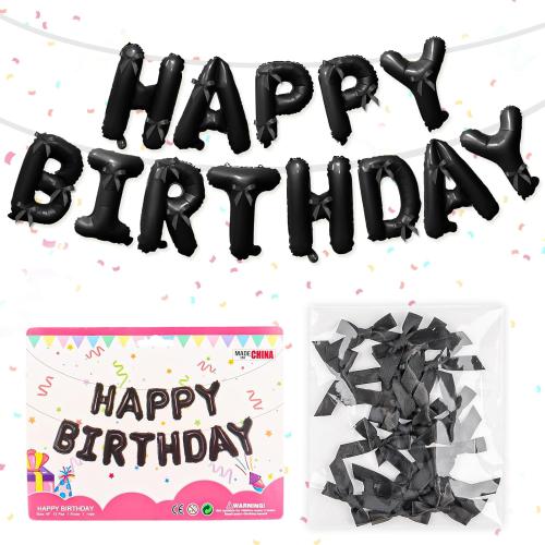 Black Happy Birthday Balloons Banner with Bowknot 16 Inch Mylar Foil Letters Birthday Sign Banners for Girls Boys Kids & Adults Birthday Decorations Halloween Party Supplies