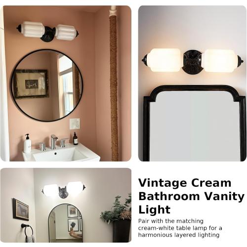 Vintage Milk Glass Bathroom Vanity Light - 2-Light Wall Sconce with Brass Finish Base & Green Glass Shade - Wall Sconce Lighting for Mirror, Kitchen, Living Room, Gallery (Bulbs Included) (white)