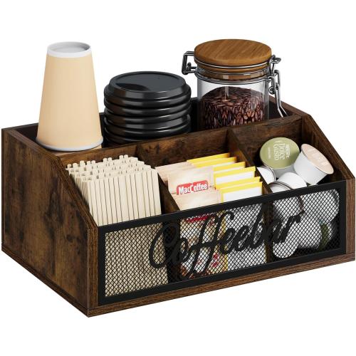 YINMIT Coffee Station Organizer for Countertop, Wood Coffee Bar Organizer with Removable Dividers for Pods, Syrup, Cups, Stirrer, Tea - Office Coffee Bar Accessories