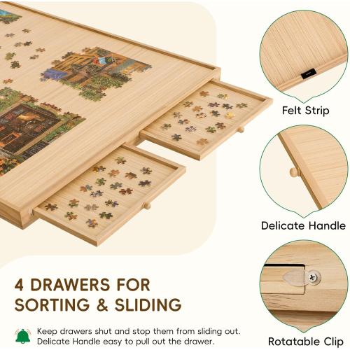 TEAKMAMA 27.6 H Tall 2000 Piece Puzzle Table with Legs, 41 W x 28.5 D Large Wood Folding Jigsaw Puzzle Board with Cover for Adults, 4 Drawers, Nature