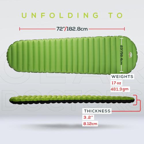 Green and Black Gear Doctors Ultralight 17oz Camping Sleeping pad ApolloAir - Compact, Warm 5.2 R-Value 4 Season Air Mattress, Perfect for Backpacking, Hiking - Lightweight Inflatable & Compact Sleep Pad