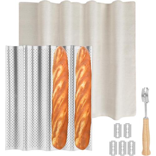Silver French Baguette Bread Pan Kit, Non-Stick Baguette Tray with Proofing Cloth, Bread Lame for Baking