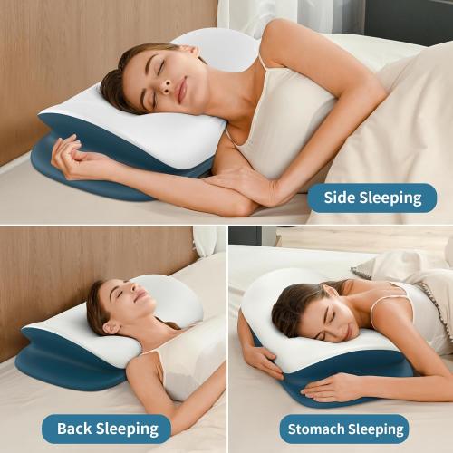 White and Blue Cervical Neck Pillow for Pain Relief - Ergonomic Memory Foam Contour Pillows for Side, Back & Stomach Sleepers, Cervical Pillow for Neck Support Sleeping with Breathable Cover