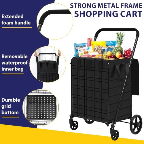 Shopping Cart for Groceries, 396 LBS Super Capacity Folding Utility Cart with Waterproof Liner, 360° Rolling Swivel Wheels Collapsible Cart, Heavy Duty Trolley for Laundry, Groceries (Jumbo Bag)