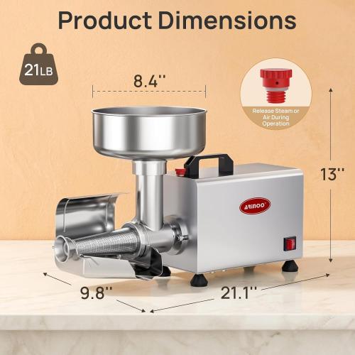 Electric Tomato Strainer, 450W Tomato Juicer Maker Machine | Commercial Stainless Steel Tomato Press & Sauce Maker with Pure Copper Motor for Blueberry Strawberry Jam, 200-350 lbs/h 110V