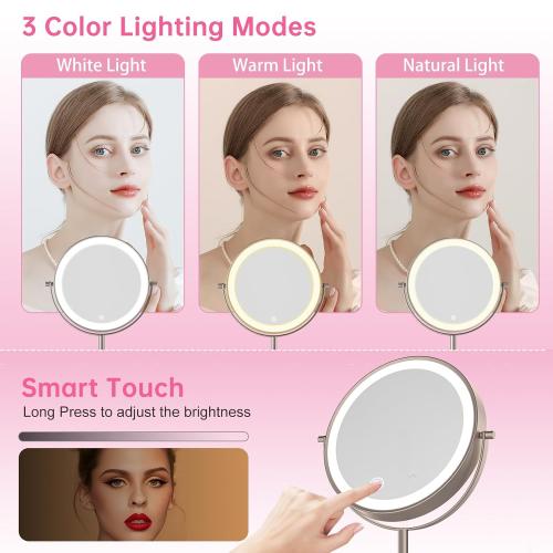 LOVESPEJO Makeup Mirror, 8 Rechargeable Magnifying Mirror with Light, 1x/10x 360°Rotation Touchscreen Lighted Makeup Mirror, 3 Colors Brightness Adjustable Vanity Mirror，Brushed Nickel