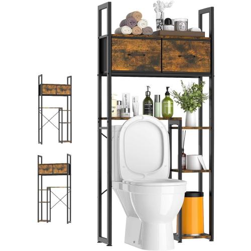 Luxspire Bathroom Over Toilet Storage, 5-Tier Over The Toilet Shelf with 2 Drawers & Adjustable Shelves, Freestanding Space Saver Above Toilet Storage for Bathroom, Brown   Black