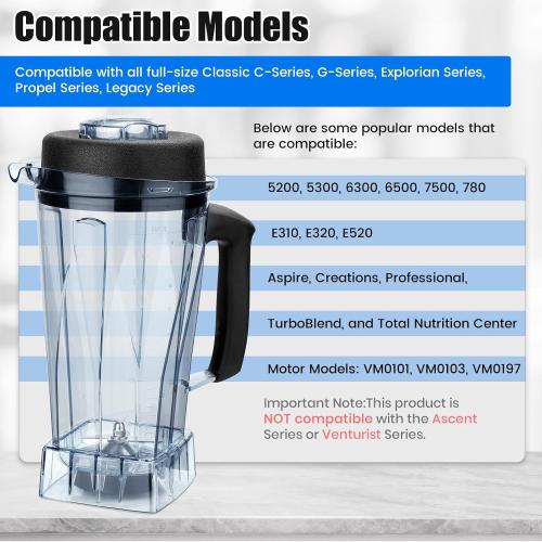 64oz Blender Pitcher Replacement Parts with Grinding and Crushing Blades with Blade Wrench vitamix 5200 6500 E320 E520 Aspire Creations Professional VM0101