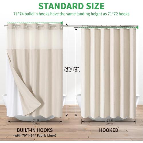 No Hooks Polyester Textured Shower Curtain with Snap-in Fabric Liner Set, Hotel Luxury Decor Shower Curtains for Bathroom with See Through Top Window, Waterproof & Washable,, Cream