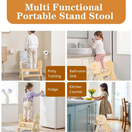 Wooden Toddler Step Stool, 2-Step Foldable Stool for Kids with Non-Slip Surface, Baby Bathroom Stool for Potty Training, Bathroom Sink, Kitchen Counter with Cute Dinosaur Design, Natural