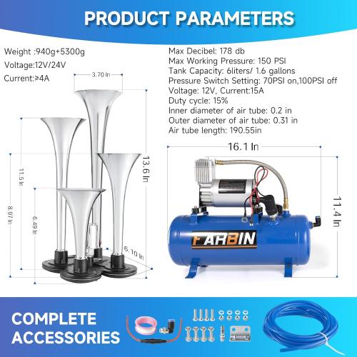 FARBIN Train Horn for Truck Loud Air Horns 4 Trumpet Horns with 6L Air Tank