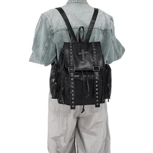 Studded Backpack Cross Metal Studs Y2k Emo Purse Punk Backpack for Women 2000s Goth Edgy Daypack Gothic Daily Party Club(Black)