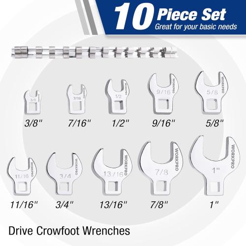 WORKPRO 3/8 Drive Crowfoot Wrench Set, 11-Piece SAE Crowfoot Wrench with Clip-on Organizer, 3/8”-1”, Great for Automotive Repair Work Hard-To-Reach Areas