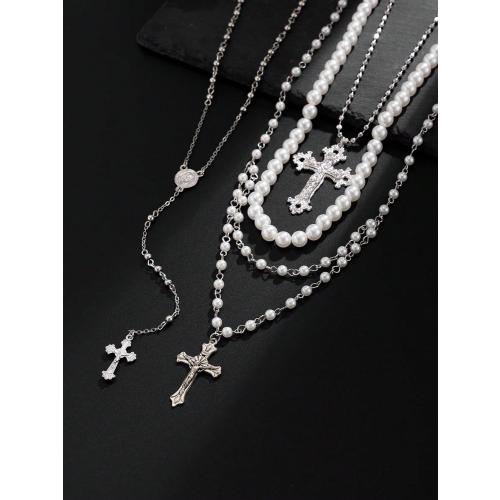 Silver Layered Cross Necklace Set For Women, 4Pcs Pearl Rosary Choker Chunky Christian Pendant Vintage Long Y Gold Necklace Stack Religious Statement Boho Gothic Adjustable Jewelry Gift