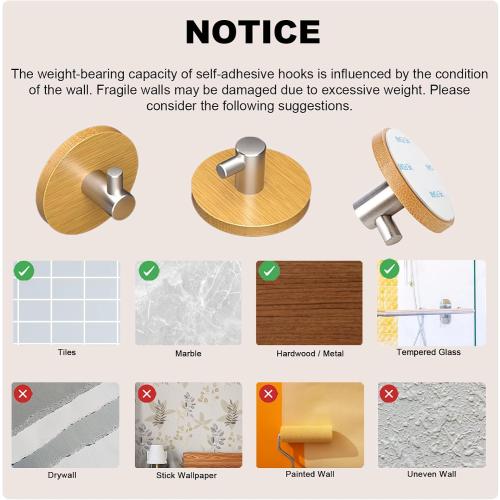 Adhesive Wall Hooks, Bamboo Wood Coat Hook for Hanging Towel Hangers for Bathroom Key Hat Hooks 4-Pack (Wood Silver)