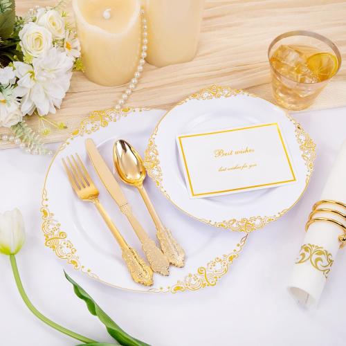 Hioasis 350pcs White and Gold Plastic Plates - Elegant Disposable Dinnerware Set Include 10.25 Dinner & 7.5 Dessert Plates, Knives, Forks, Spoons, Napkins, Cups for Party & Thanksgiving