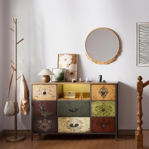 VASICAR Pattern Dresser with LED Lights and Power Outlets, Dresser TV Stand with 8 Drawers for 55 TV, Fabric Chest of Drawers for Bedroom, Living Room, Entryway