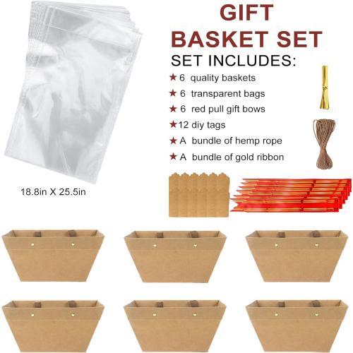 KEVTVEK Bigger Baskets for Gifts Empty, 6 Pack Sturdy Kraft Basket With Handles Gift Basket Kit, 6 Shrink Wrap Bags, 6 Bows and Hang Tag, Empty Gift Baskets to Fill for Easter Birthday Baby Shower