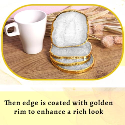 White Natural Sliced Agate Coasters Set of 4 Brazilian Natural Gemstone Coasters with Gold Rim