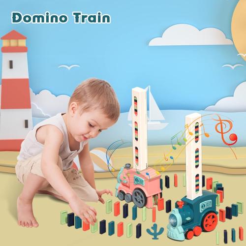 Domino Train Toy Set for Kids, Automatic Dominoes Blocks Building and Stacking Toys Creative Kids Games Early Education Christmas Birthday Gift Boys Girls Age 3 4 5 6 7 8 Year Old (Cyan)