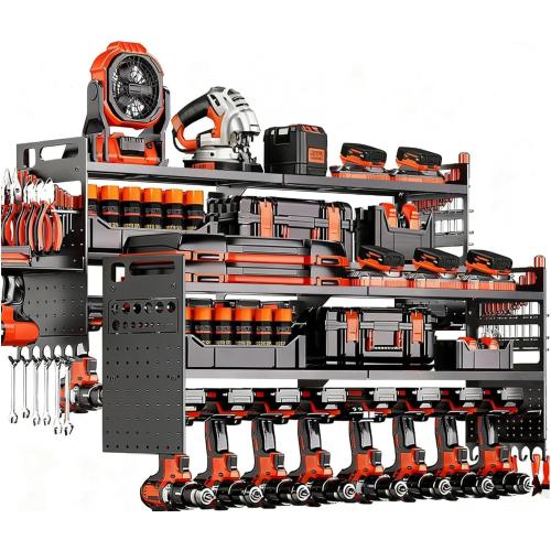 2-Pack Large Power Tool Organizer Wall Mount,Heavy Duty Cordless Tool Organizer with 18 Drill Holder,600 Lbs Capacity 3-Layer Garage Organization for Garage and Workshop (Black)