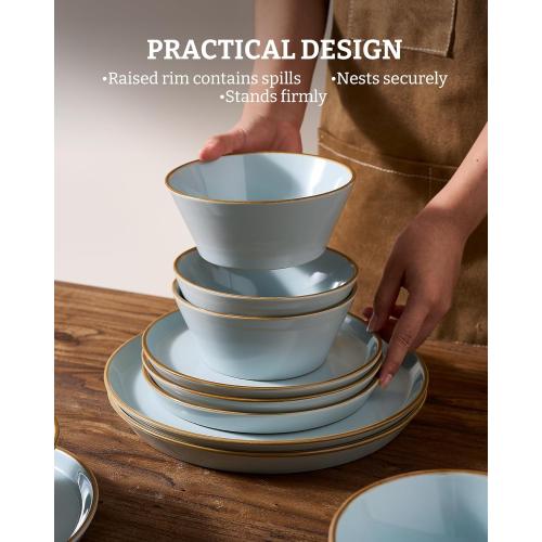 Famiware Saturn Plates and Bowls Dish Set Stoneware Dinnerware Set with Hand-Painted Trim - Chip & Scratch Resistant, Microwave & Dishwasher Safe Ceramic Dishes, Light Blue