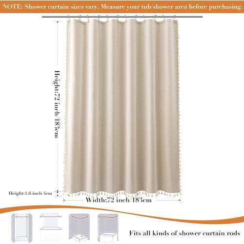 Nanspring Beige Boho Linen Shower Curtain 72 Inch Cute Tassel Natural Boho Vintage Rustic Fabric Bath Curtain Set with Hooks Neutral Farmhouse Country Elegant Shower Curtain for Bathroom 72x72, Beige