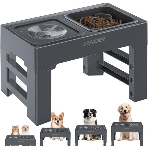 URPOWER 2-in-1 Elevated Slow Feeder with No Spill Dog Water Bowl 4 Height Adjustable Raised Bowl Stand for Small to Large Dogs, Cats & Pets