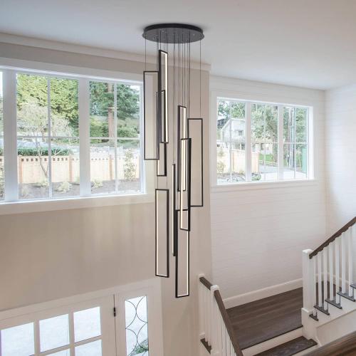 9 Lights Modern High Ceiling Chandelier, Large Long Pendant Light for Stairs, Entryway, Black Long Cluster Chandelier Light. (NO TEST)