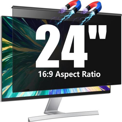 Magnetic Computer Privacy Screen Filter 24 Inch for Frameless Monitor Thin Bezel 16:9 Widescreen, 24in Hanging Removable Anti Glare Blue Light Eye Protection Shield, Anti Spy Protector Panel