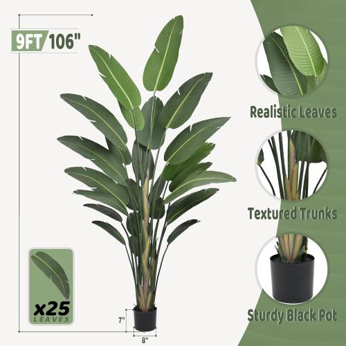Roselywed Artificial Bird of Paradise Tree 9FT with 25 Leaves Realistic Thick Banana Leaf Deluxe Tall Large Tropical Plant 106 Inch Black Pot for Indoor Home Office Porch Mall Hotel School Decoration