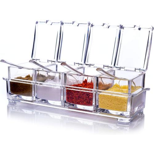 ME.FAN Clear Seasoning Rack Spice Pots - 4 Piece Acrylic Seasoning Box - Storage Container Condiment Jars - Cruet with Cover and Spoon