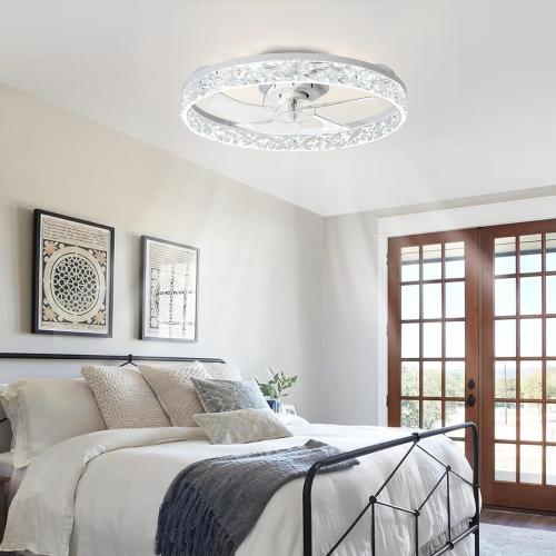 Depuley Ceiling Fans with Lights and Remote: Full Package 20 Modern Low Profile Flush Mount LED Ceiling Fan for Bedroom App Control - White Crystal Bladeless Fandelier for Laundry Room Kitchen