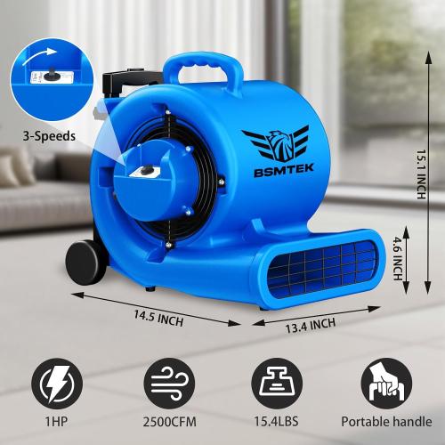 5000 CFM 1HP Air Mover Blower Fan, Floor Blower Dryer, 3 Speeds, 4 Adjustable Angles, Handle Wheelkit, 15Ft Long Cord Portable, Stackable - 2026 Upgraded, Blue