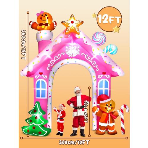 Kalolary 12FT Christmas Inflatable Archway Outdoor Decorations, Pink Christmas Gingerbread Man Inflatable Arch Blow Up Yard Decoration with Build-in LED Lights for Outdoor Yard, Lawn, Garden Decor