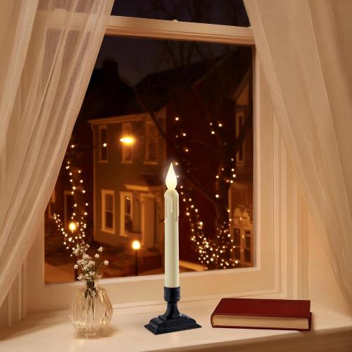 6 Pcs Sensor Dawn to Dusk Window Candles, Flickering Battery Candles for Windows, Ultra Bright Fake Candle Lights with Black Holders, Led Candlesticks for Xmas Home Decor, White Light