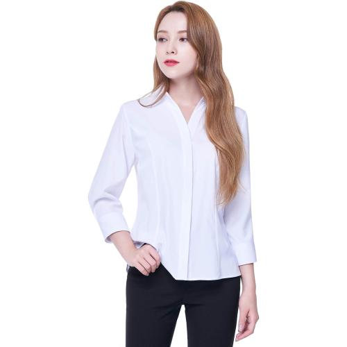 Women's Button Down Shirt 4-Way Stretch V Neck Blouse Wrinkle Resistant & Breathable 3/4 Sleeve Collared Work Top (SIZE M)