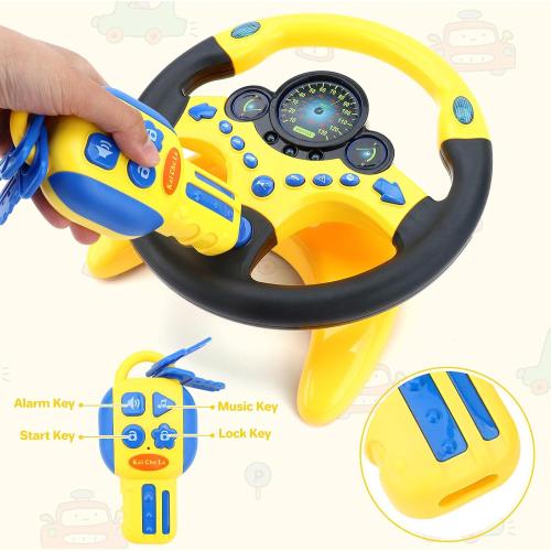 deAO Kids Steering Wheel for Backseat with Car Key Pretend Driving Simulated Driving Steering Wheel Toy with Light and Music Gifts for Kids (Yellow)