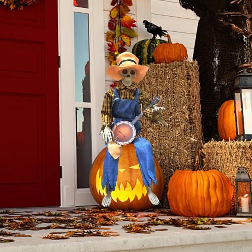 23.6 Inch Animated Banjo Skeleton Halloween Decorations, Funny Animated Dueling Banjo Skeletons, Halloween Country Skeleton Musicians for Outdoor Yard Lawn