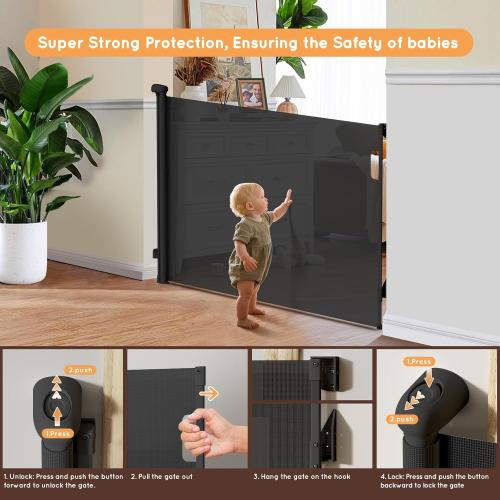 Retractable Baby Gate, 38 Extra Tall Mesh Baby Gate with Auto-Tension Design, 55 Wide One-Hand Operation Dog Gates for Doorways and Hallways, Safety Gate for Babies and Pets, Black