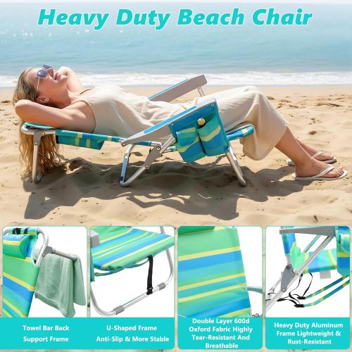 Low Beach Chair for Adults,5 Position Lay Flat, Portable Folding Aluminum Reclining Backpack Beach Chairs Heavy Duty with Cup Holder, Large Pocket for Outdoor/Lawn/Picnic/Fishing