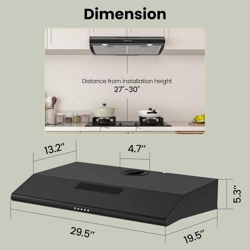FIREGAS Size  30 Inch Black Under Cabinet Range Hood, Ducted/Ductless Convertible Kitchen Vent Hood with LED Light, 3-Speed Exhaust Fan, Push Button Control, Slim Stove Hood for Modern Kitchen