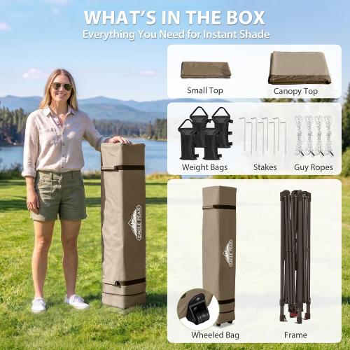 EAGLE PEAK 13x13 Straight Leg Pop Up Canopy Tent Instant Outdoor Canopy Easy Single Person Set up Folding Shelter w/Auto Extending Eaves 169 Square Feet of Shade (Beige)