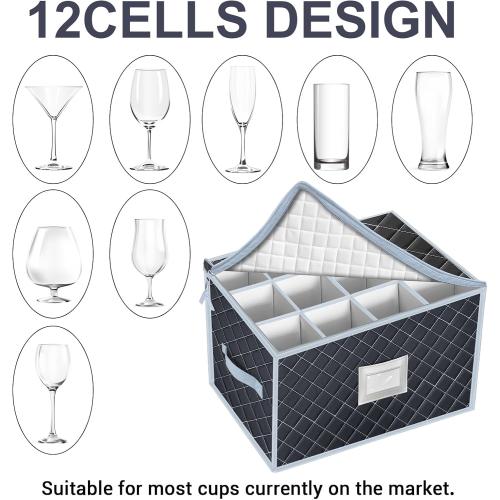 Wine Glass Storage Box with Dividers Holds 24 Stemware Storage Cases or China Crystal Glassware Containers with Handles and Lable Window (15.5 x 12.5x10)-Set of 2 Grey