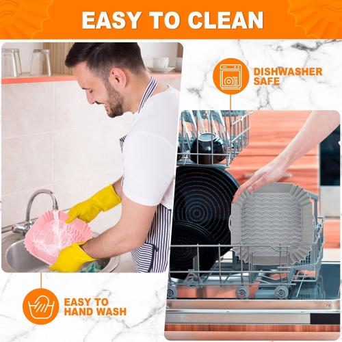 2 PCS Square Silicone Air Fryer Liners - 8 Inch Air Fryer Reusable Liners - Kitchen Accessories - AirFryer Inserts for 4 to 7 QT Oven Microwave Accessories (Grey   Pink)