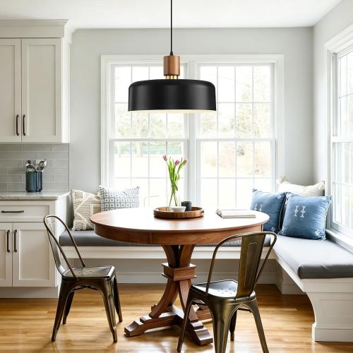 Eustace Large Black Pendant Light, 15.8 Oversized Ceiling Lamp with Oak Wood & Brass